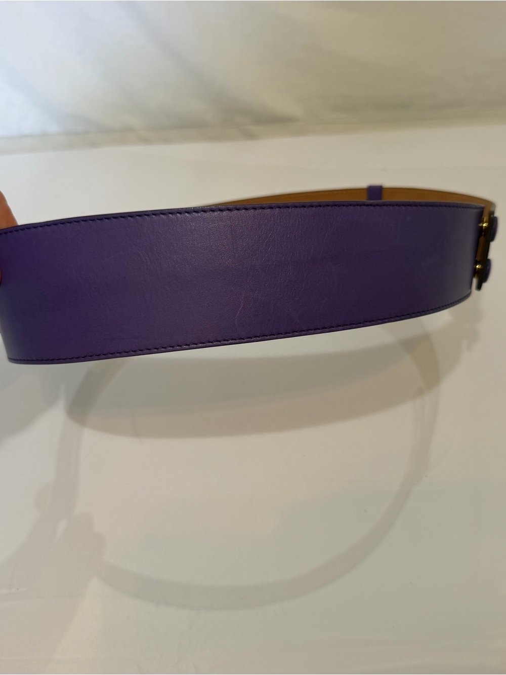 Escada Vintage Purple Leather Wide Belt Gold Hardware Made in Italy Size Large - Picture 11 of 12